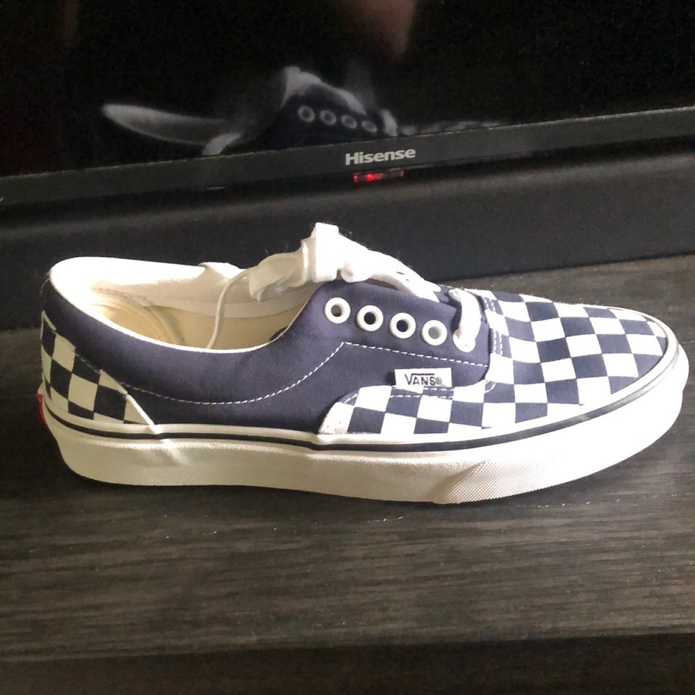 Checkered blue and white vans